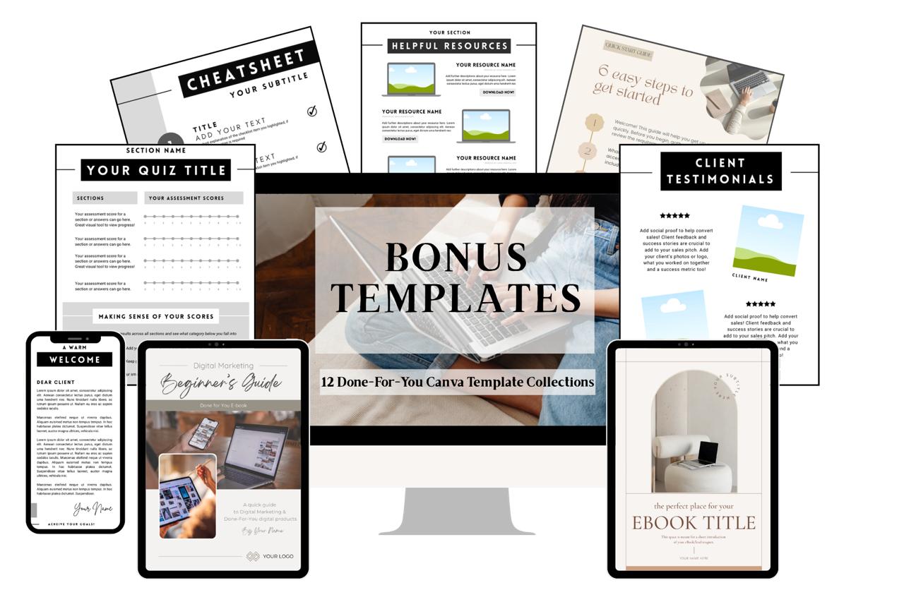 Preview of the 12 bonus Canva template collections — cheatsheet, helpful resources, quick start guide, quiz, welcome page, beginner's guide ebook, client testimonials and more, shown on desktop, tablet and phone mockups.